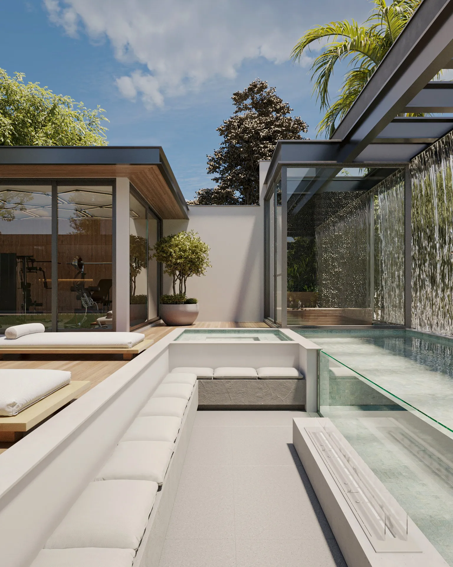 Área externa com piscina de borda e o volume envidraçado ao fundo
