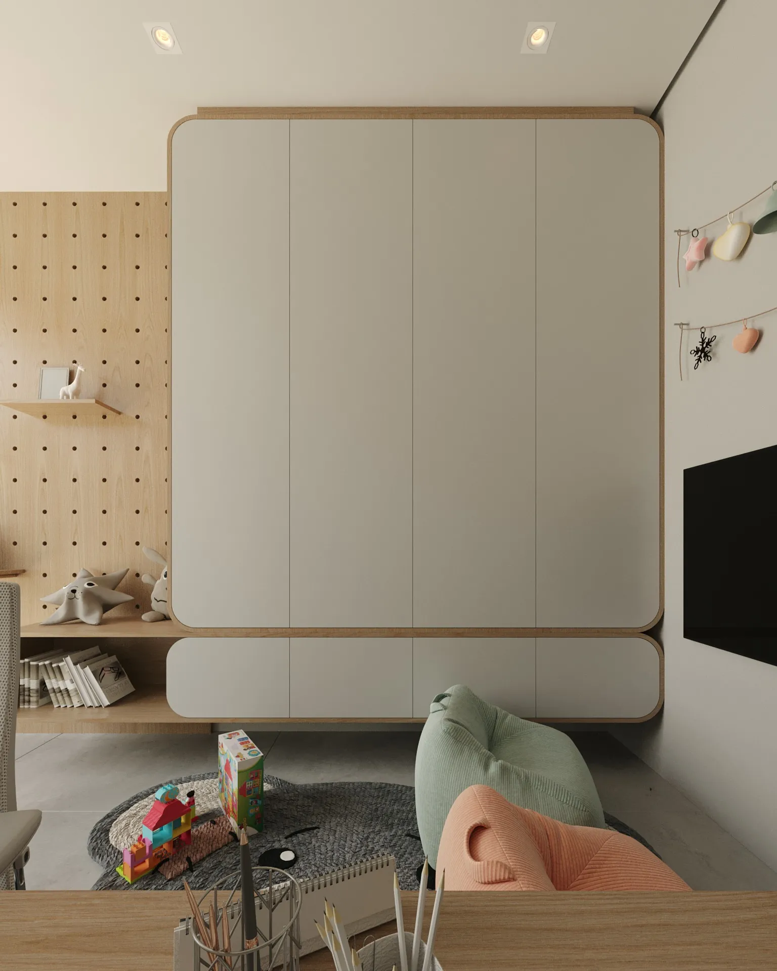 Brinquedoteca com marcenaria clara sob medida, painel de atividades e puffs