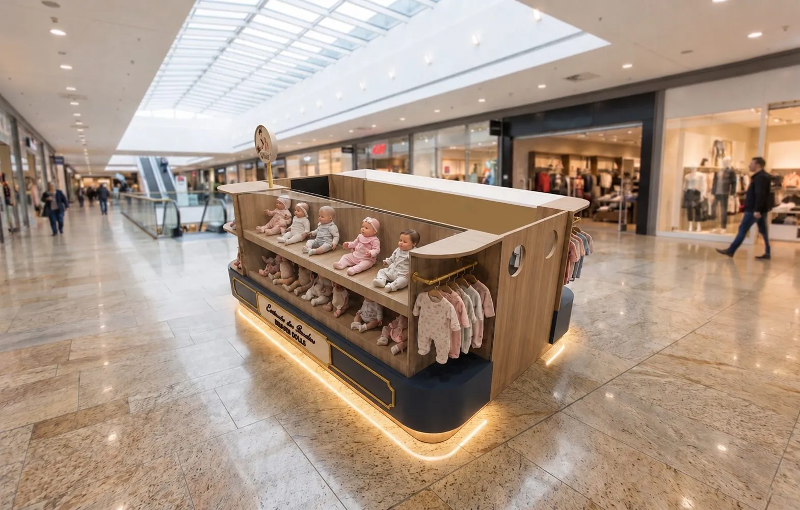 O quiosque visto ao longo do corredor do shopping
