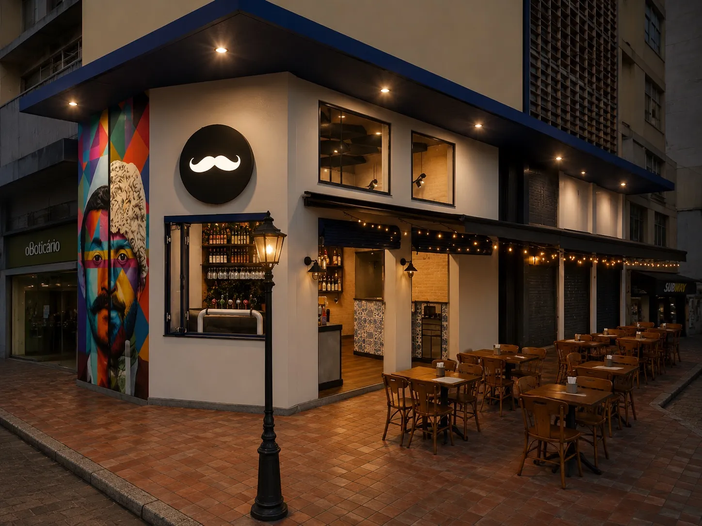 A esquina da Bigodera ao anoitecer, com o mural pop-art na empena cega, o letreiro circular do bigode e as mesas na calçada