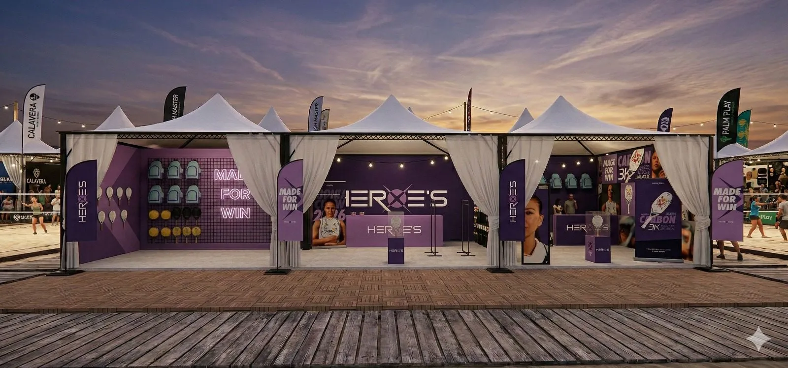 Estande de ativação da marca em evento, com tendas e painéis roxos