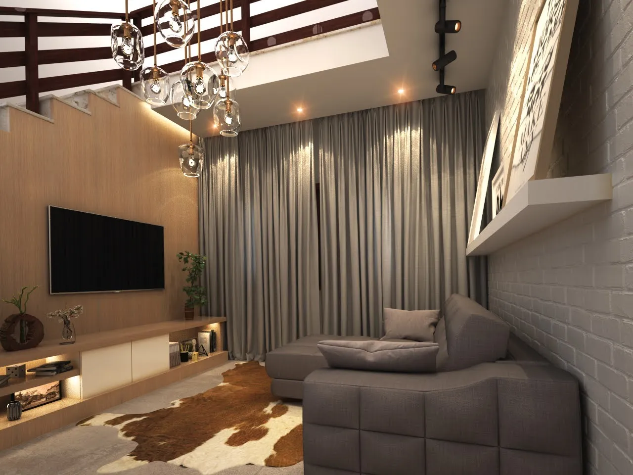 Sala de estar com poltronas, tapete de couro e cortinas até o teto