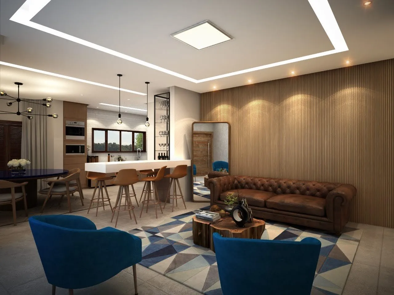 Estar da Casa da Serra com sofá em L, painel de TV e parede de tijolo branco