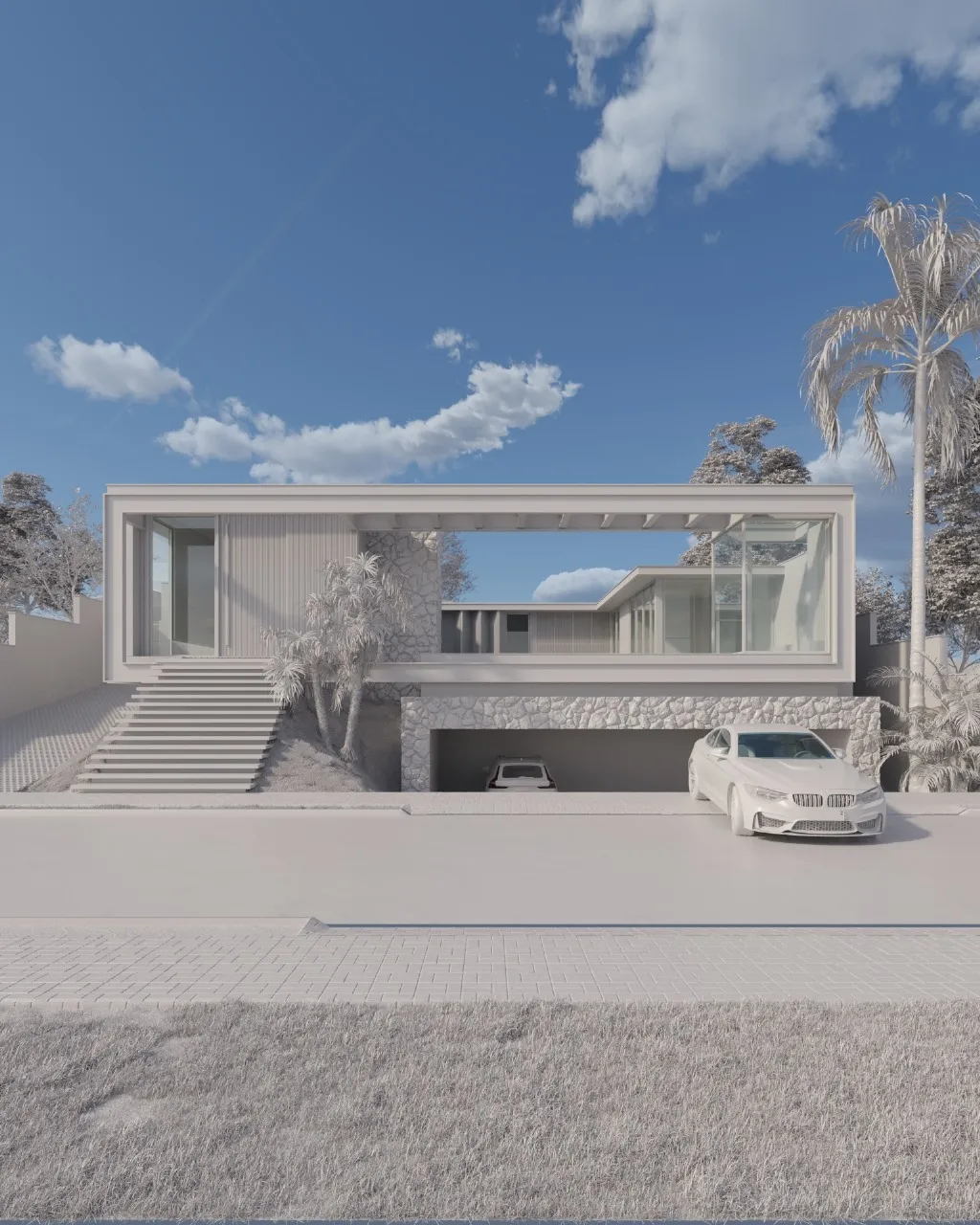 Estudo volumétrico em maquete branca: o volume visto da rua, com a garagem no nível inferior