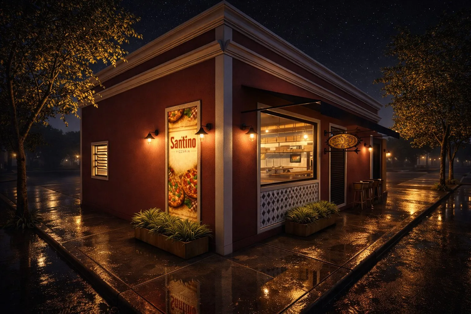 A fachada vista da esquina em noite de chuva, com o letreiro aceso refletindo no asfalto