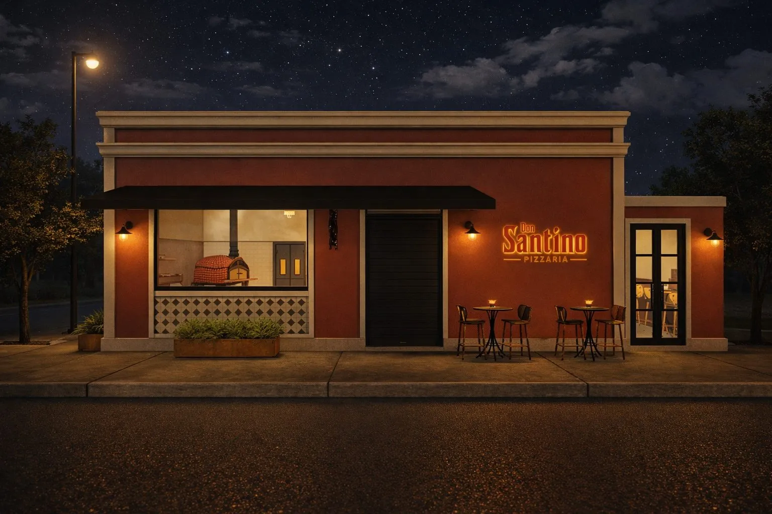 Fachada da pizzaria Don Santino à noite, em tijolo vermelho iluminado, com mesas na calçada