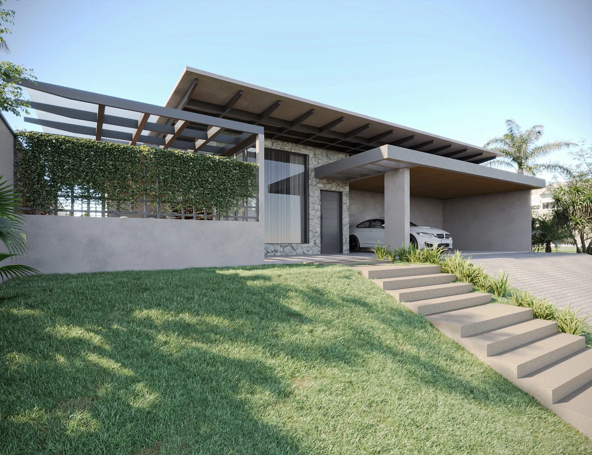 Fachada revitalizada com pergolado metálico, jardim vertical e escada de acesso em concreto