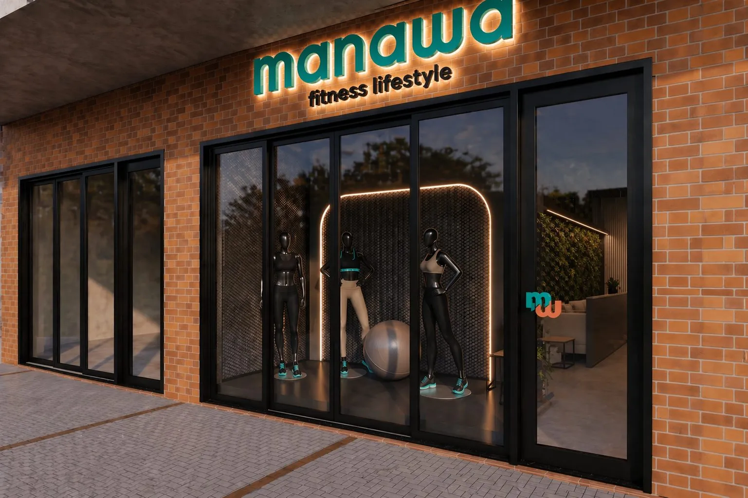 Fachada em tijolo aparente com vitrine ampla e o letreiro da marca