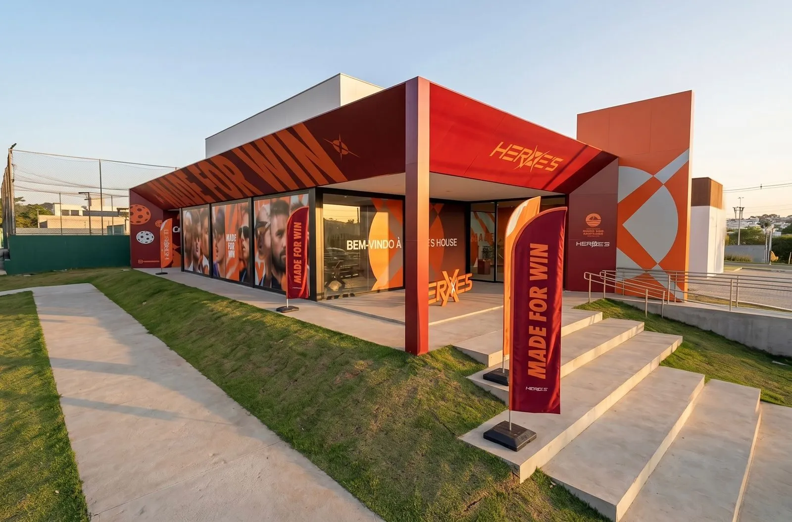 Fachada da Heroe's ao entardecer, em laranja e vermelho, com bandeiras da marca e acesso em rampa