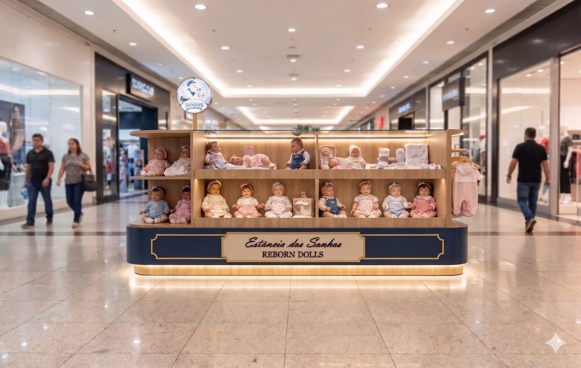 Quiosque de bonecas reborn no corredor do shopping, em madeira e azul, com vitrine iluminada