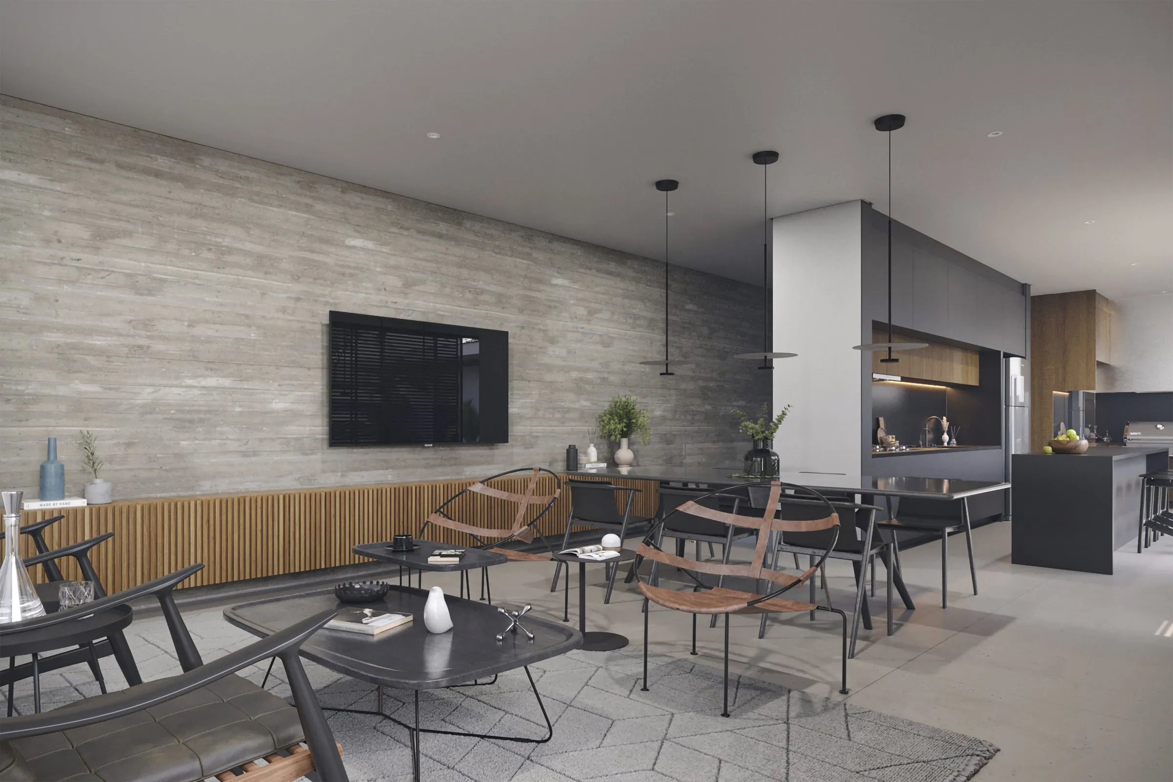Sala de jantar integrada, com pendentes lineares e vista para o pátio