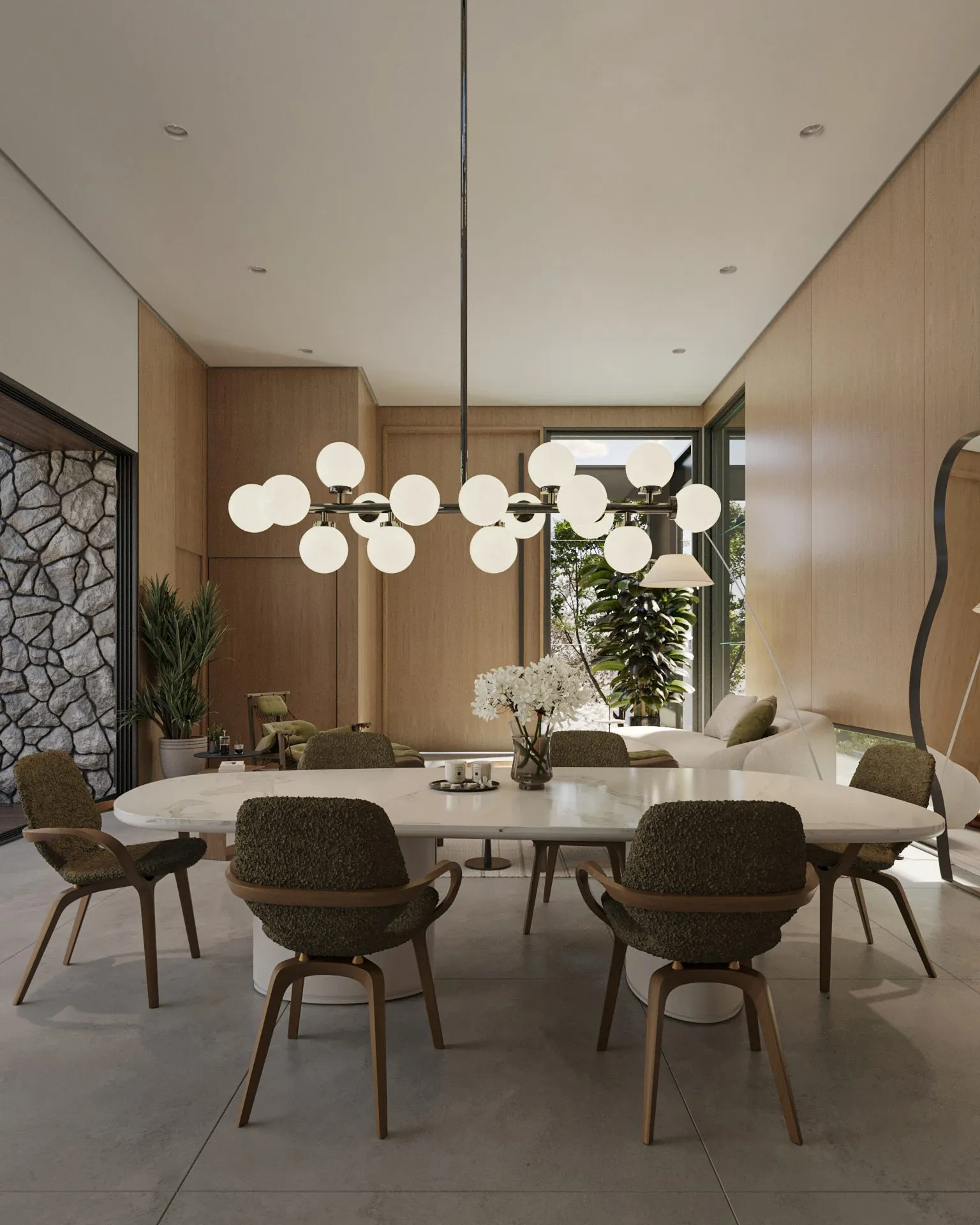 Sala de jantar com mesa oval e lustre de globos