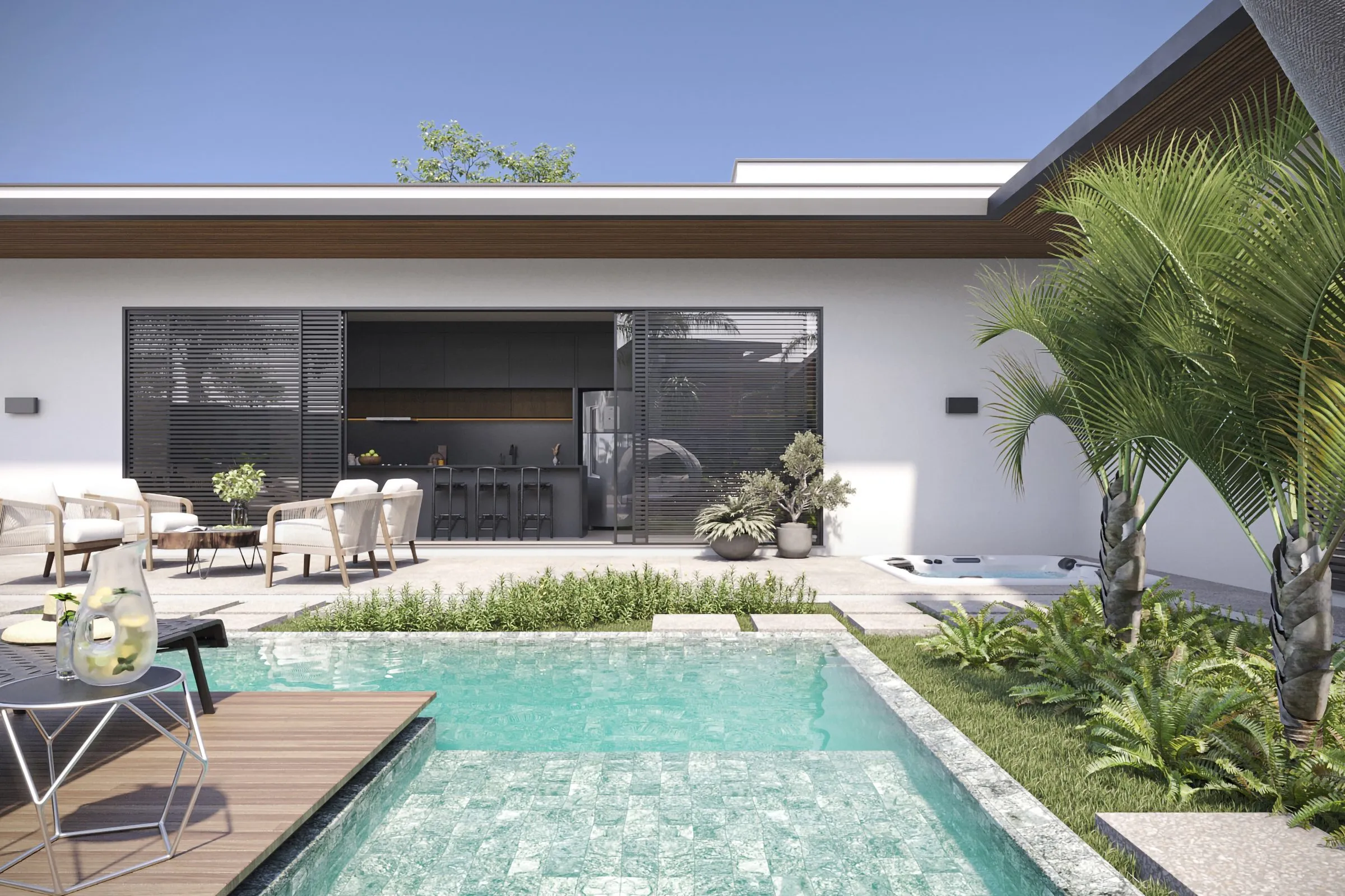 Piscina com deque e área gourmet coberta