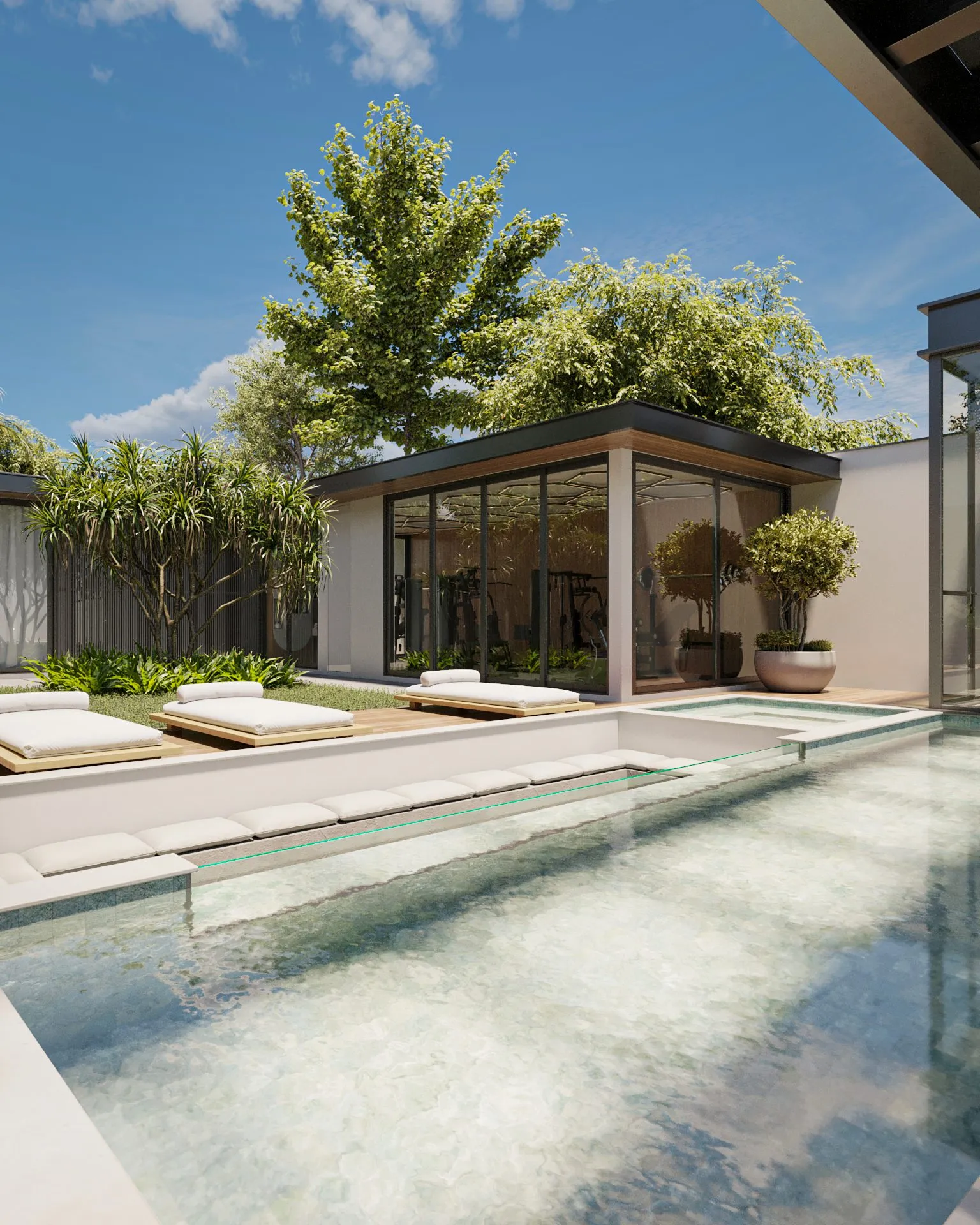 Piscina da Casa das Águas com deque e espelho d'água ao lado do volume envidraçado