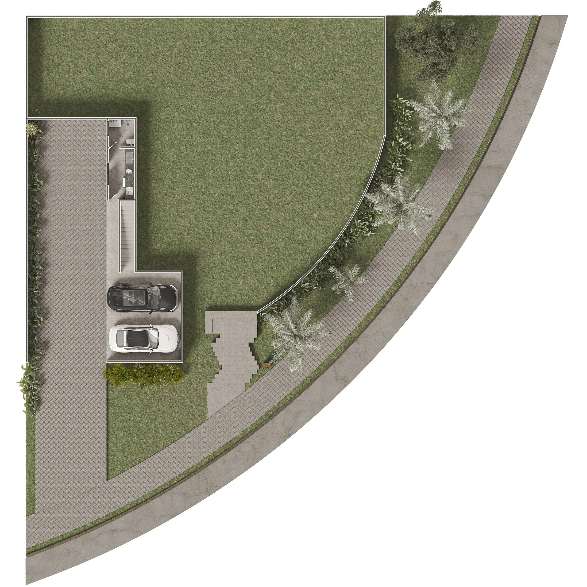 Planta humanizada do pavimento inferior, com garagem, área de serviço e paisagismo