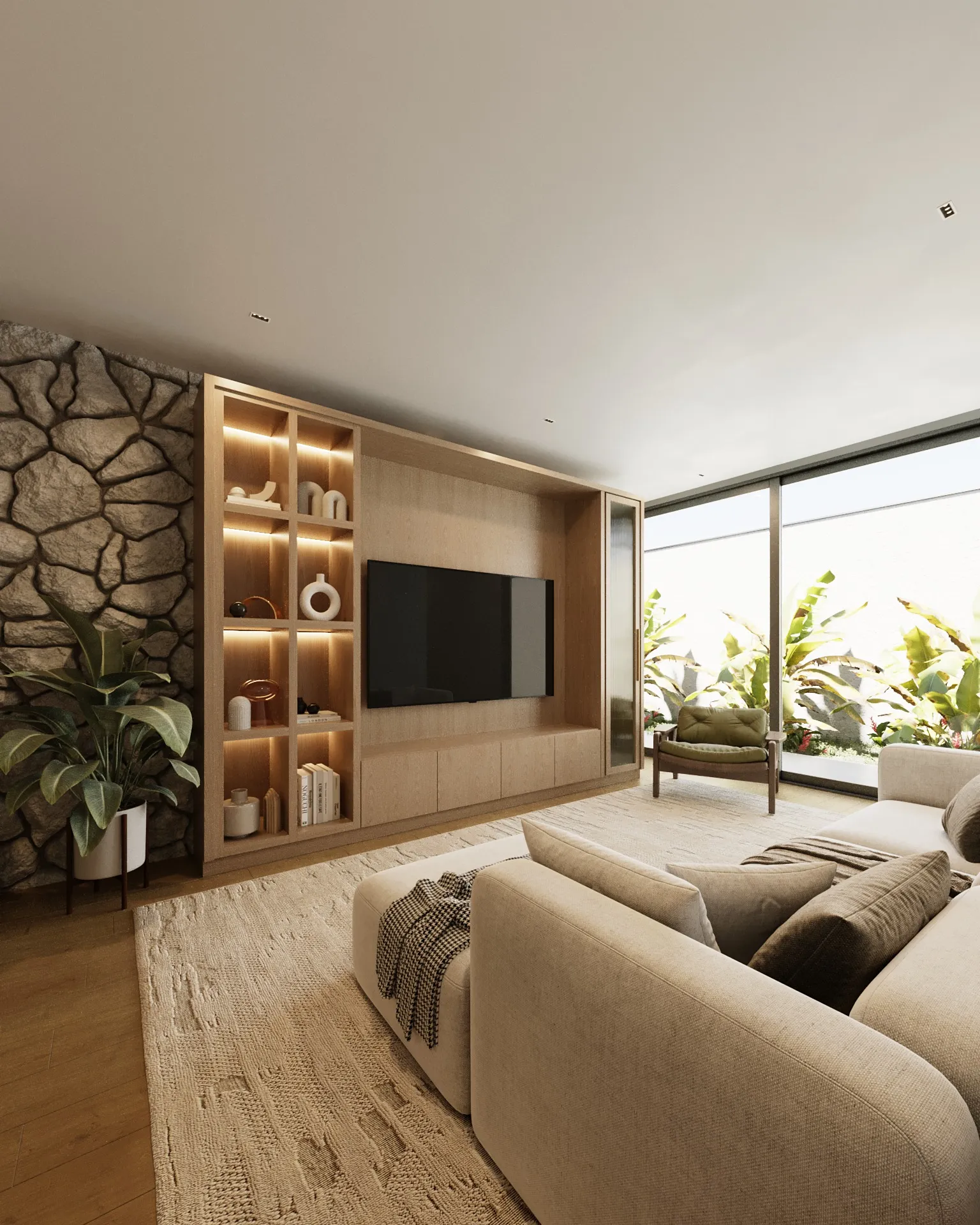 Sala de TV com painel de madeira, estante iluminada e parede de pedra