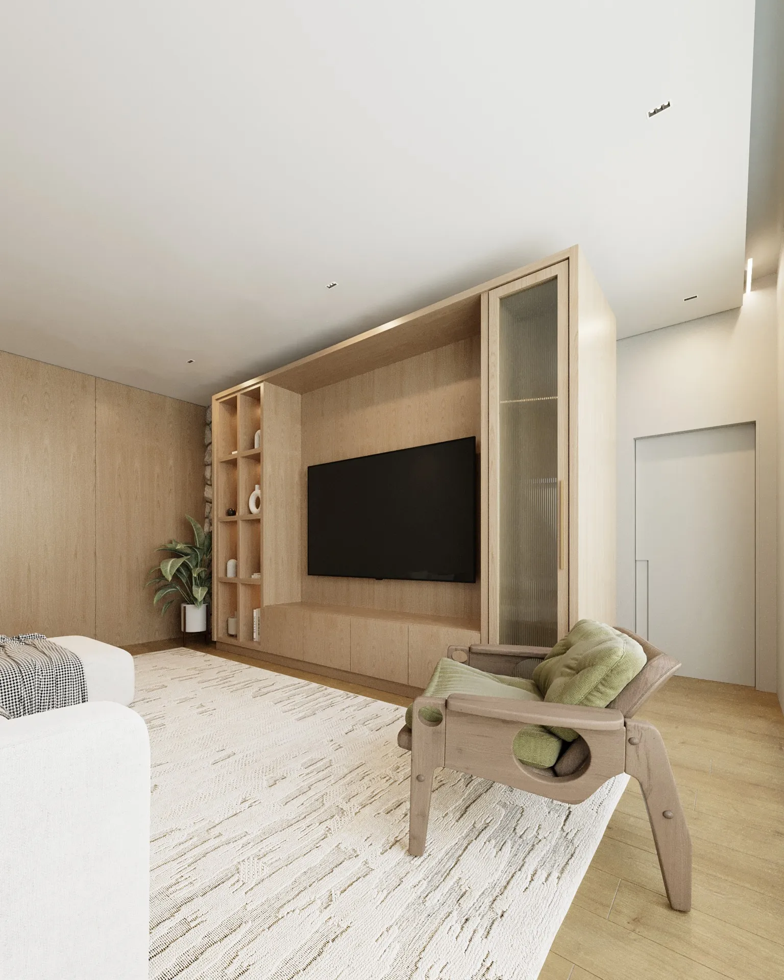 Sala de TV com painel de madeira, estante iluminada e parede de pedra