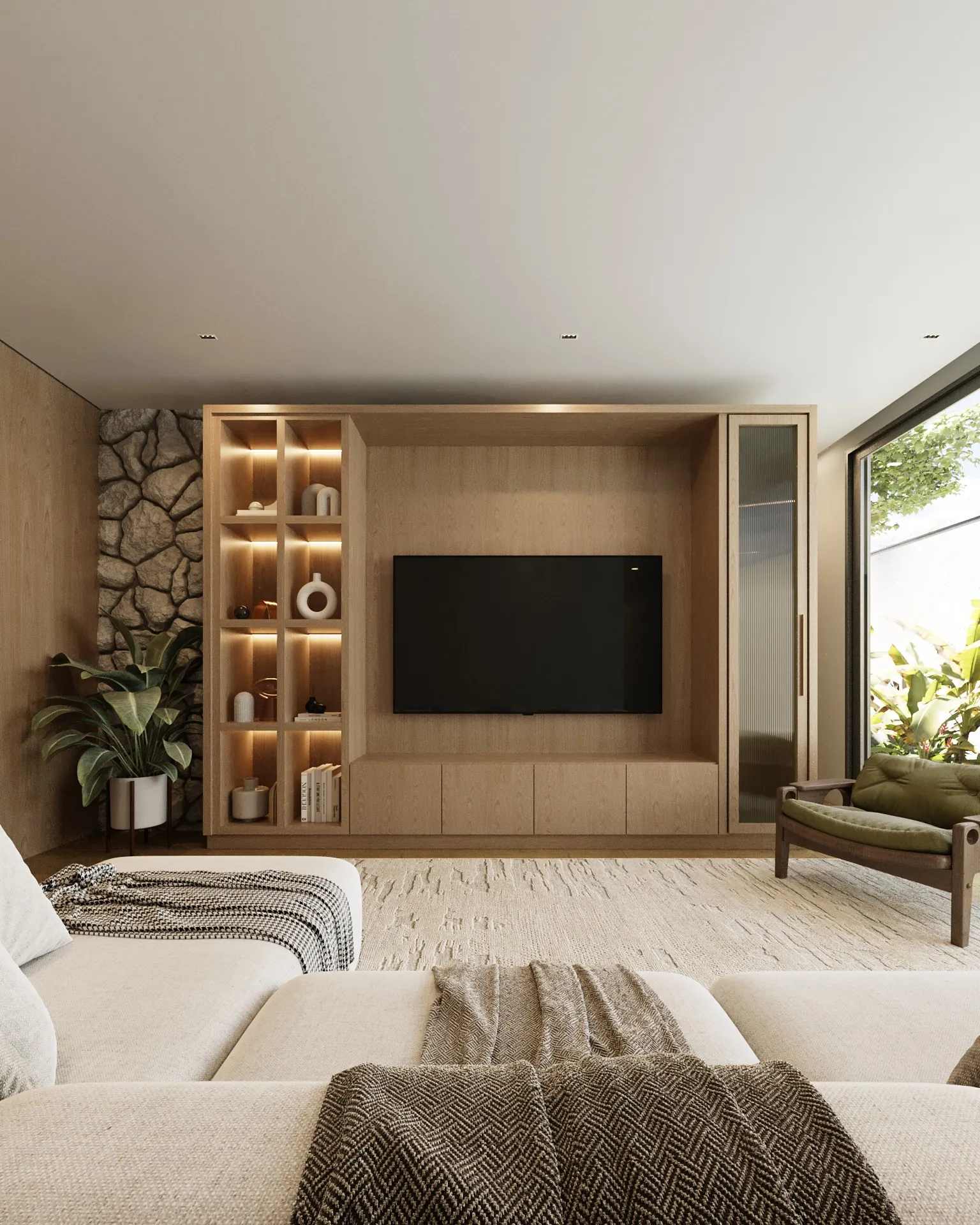 Sala de TV com painel de madeira, estante iluminada e parede de pedra