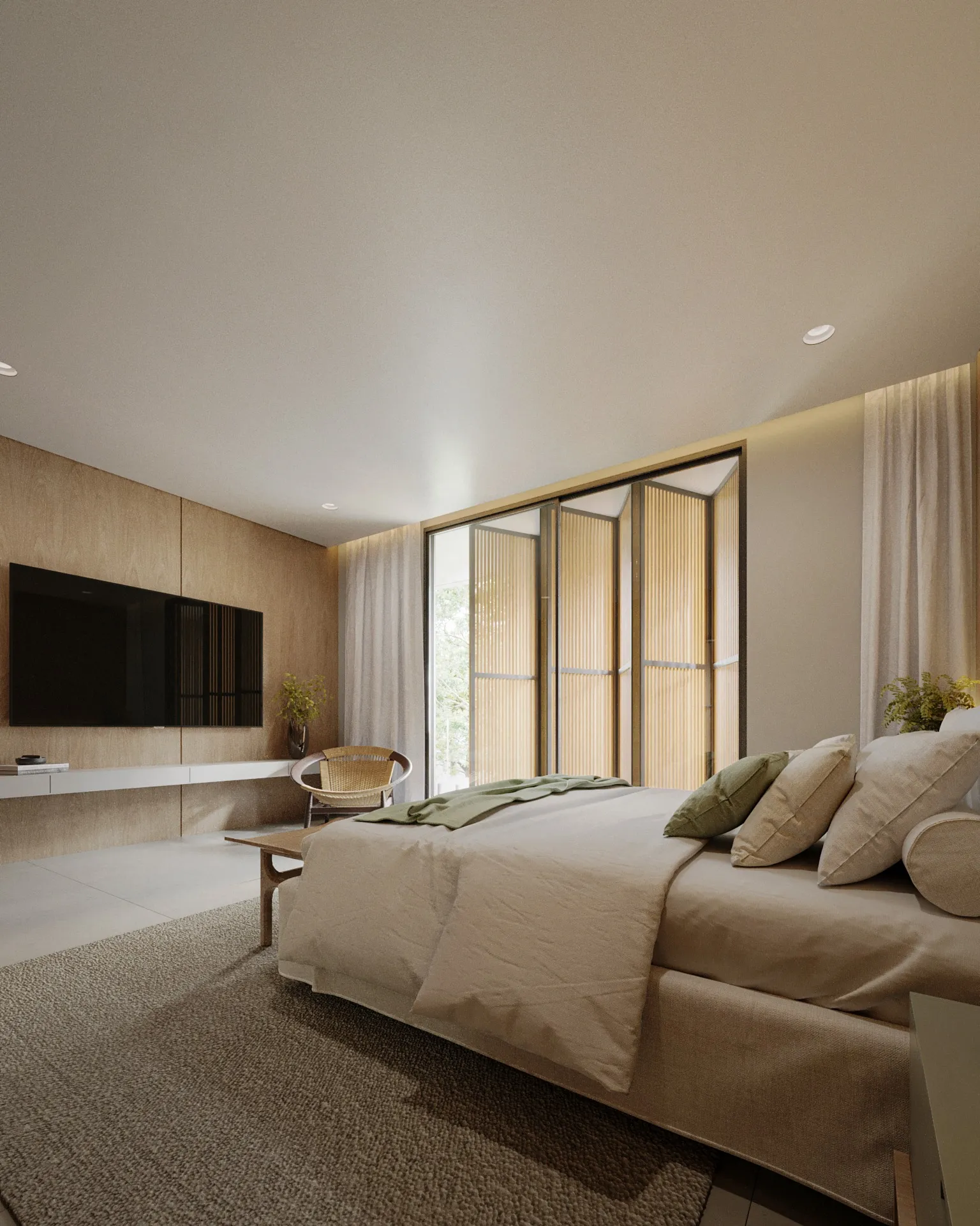 Suíte master com painel de TV e abertura envidraçada para o jardim